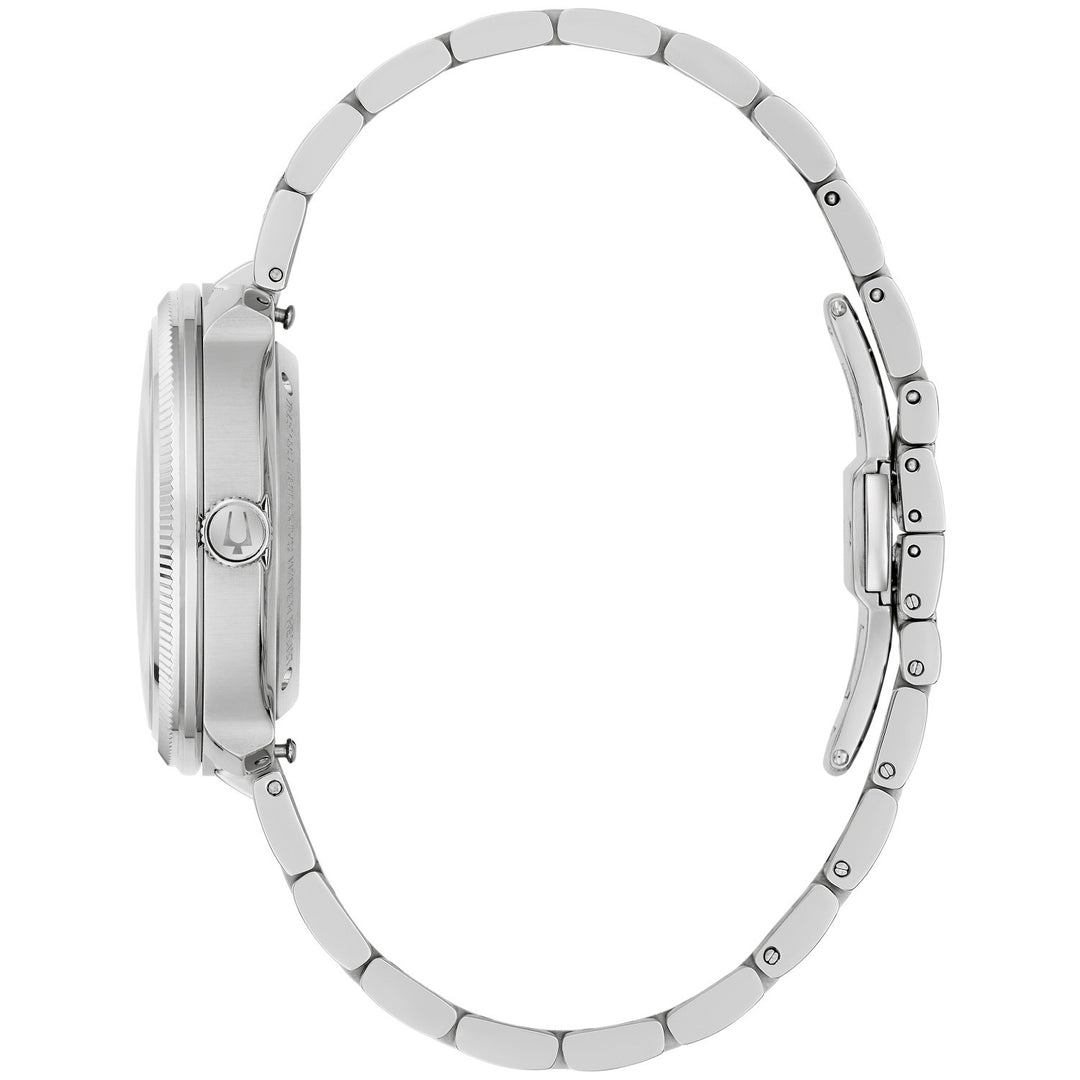 Side profile of the Bulova Disco men's watch showing the case and silver-tone bracelet (96B485)