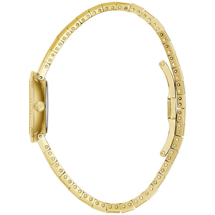 Side profile of the Bulova Disco women's watch showing the case and gold-tone bracelet (97L205)