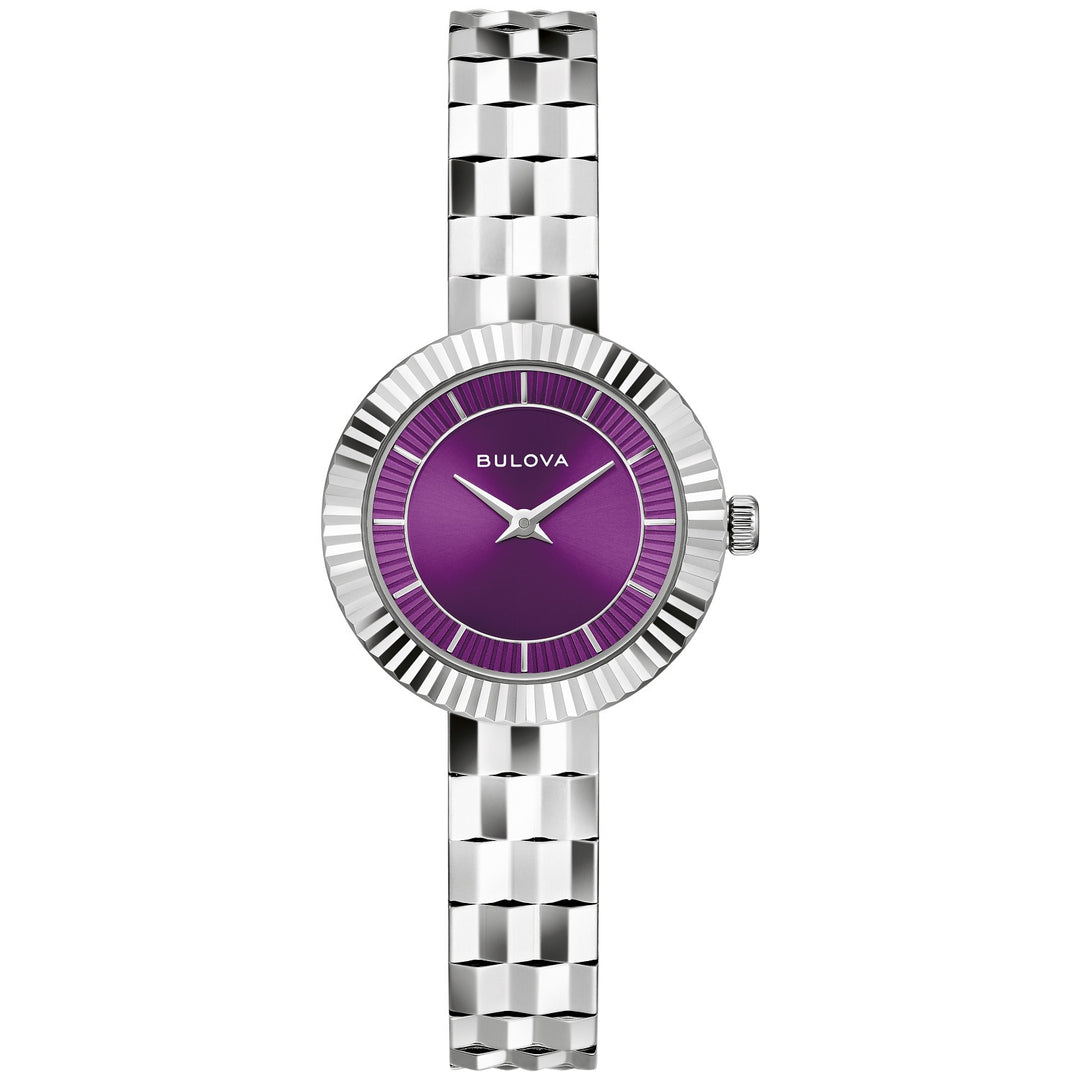 Bulova Disco women's watch with a purple double sunray dial and silver-tone bracelet, front view (96L363)