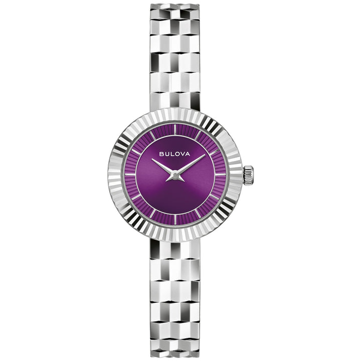 Bulova Disco women's watch with a purple double sunray dial and silver-tone bracelet, front view (96L363)