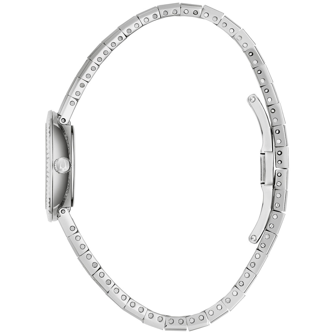 Side profile of the Bulova Disco women's watch showing the case and silver-tone bracelet (96L363)