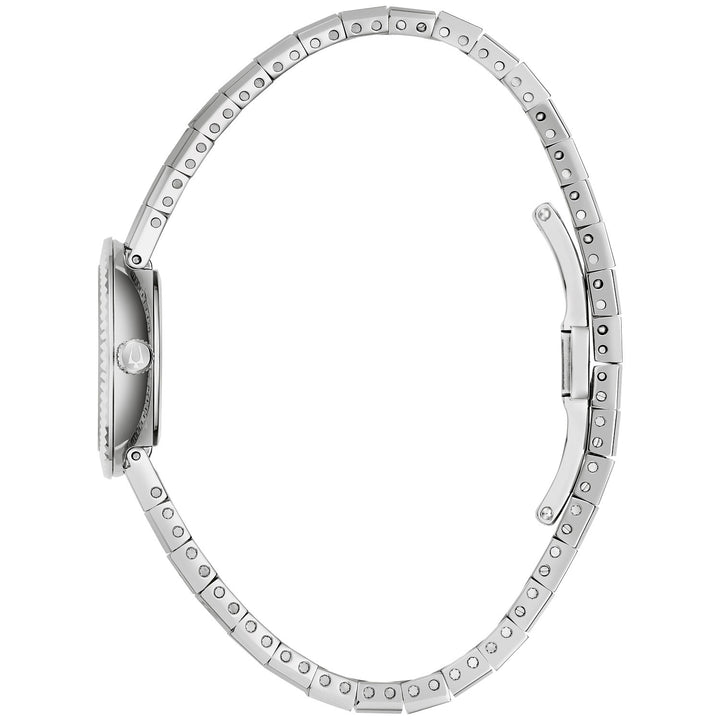 Side profile of the Bulova Disco women's watch showing the case and silver-tone bracelet (96L363)