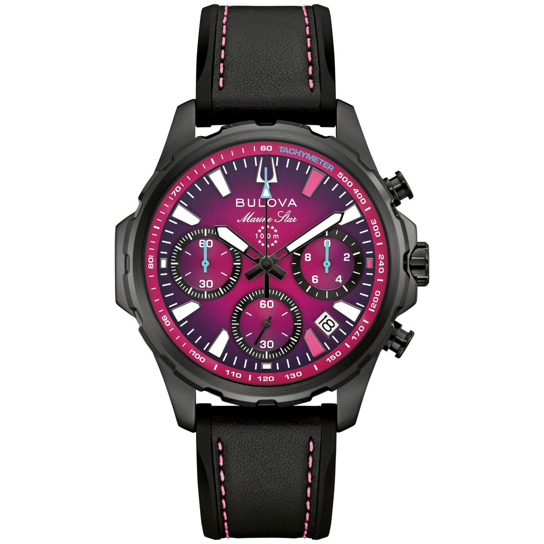 Bulova E1 Team Miami Marine Star men's watch with a magenta ombre dial, front view (98B476)