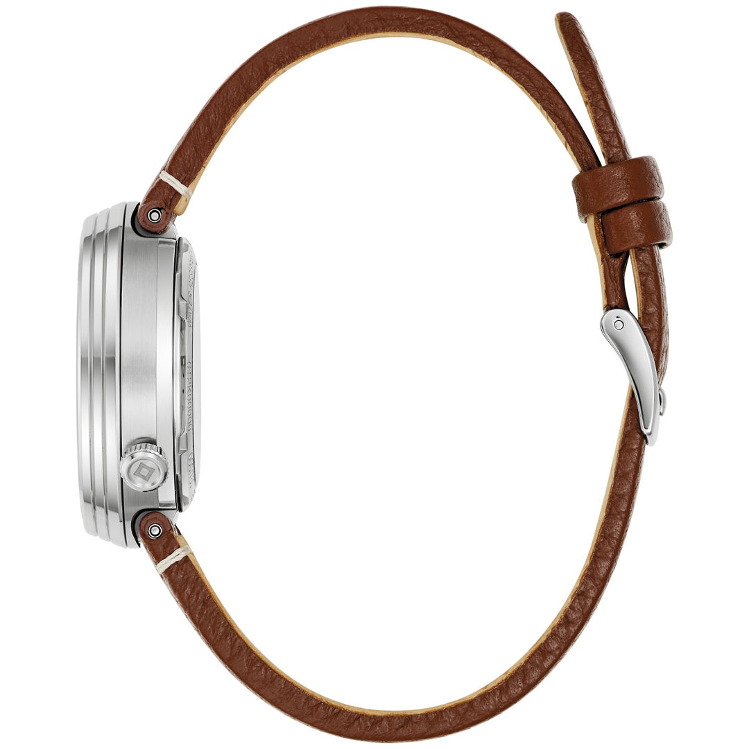 Side profile of the Bulova Frank Lloyd Wright Automatic men's watch showing the case and brown leather strap (96B486)