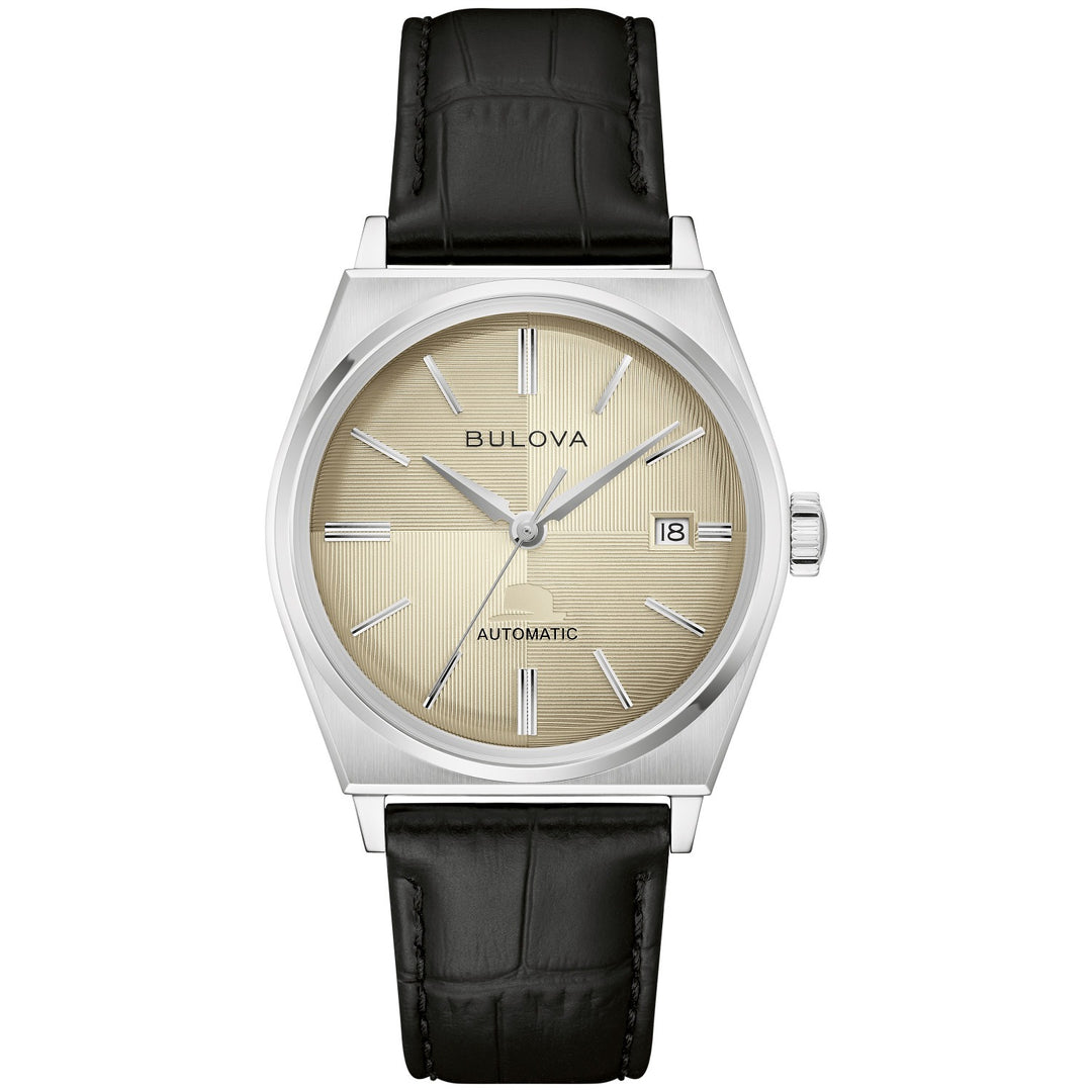 Bulova Frank Sinatra Automatic men's watch with a linen white dial and black leather strap, front view (96B483)
