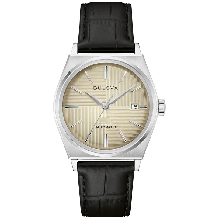 Bulova Frank Sinatra Automatic men's watch with a linen white dial and black leather strap, front view (96B483)
