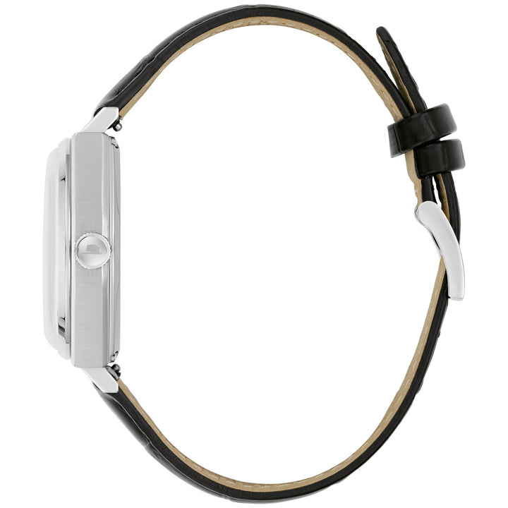 Side profile of the Bulova Frank Sinatra Automatic men's watch showing the case and black leather strap (96B483)