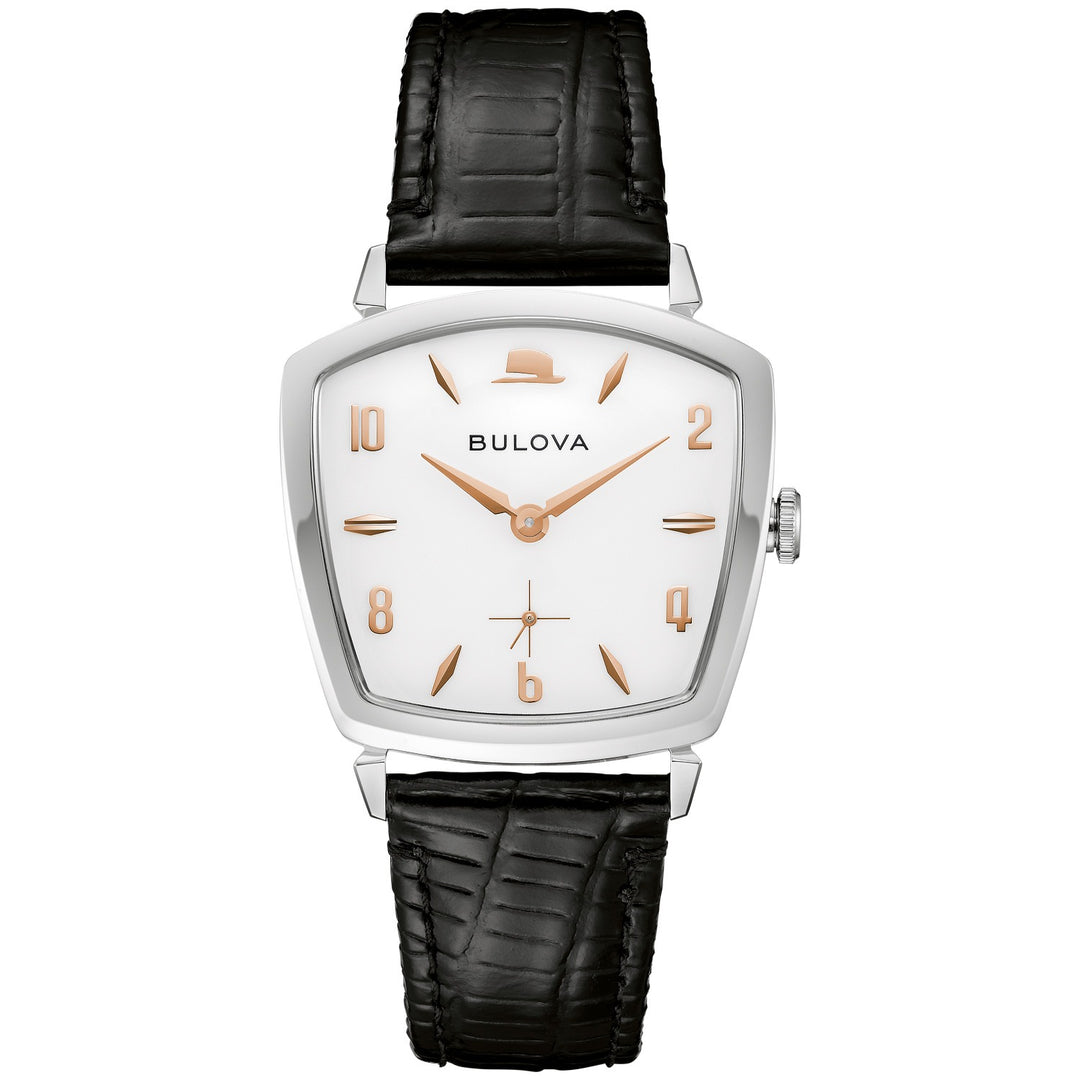 Bulova Frank Sinatra men's watch with a glossy white dial and black leather strap, front view (96A337)