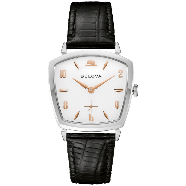 Bulova Frank Sinatra men's watch with a glossy white dial and black leather strap, front view (96A337)