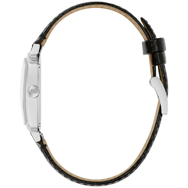Side profile of the Bulova Frank Sinatra men's watch showing the case and black leather strap (96A337)