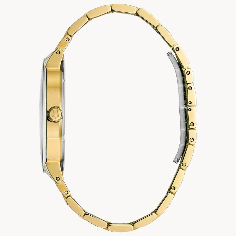 Bulova Futuro men's gold-tone stainless steel black diamond dial watch 97D116 angle view