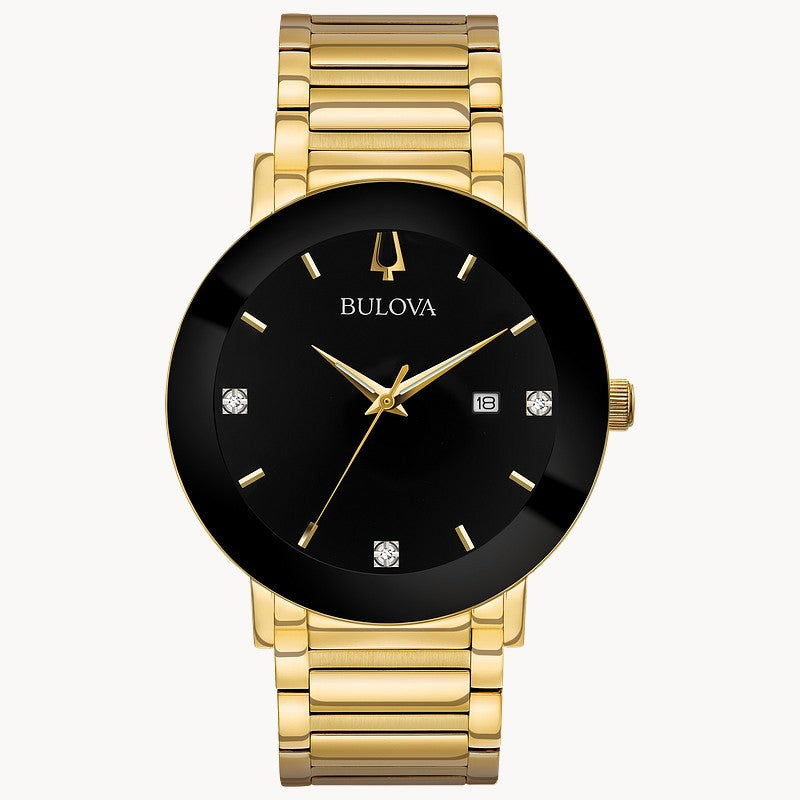 Bulova Futuro men's gold-tone stainless steel black diamond dial watch 97D116 front view