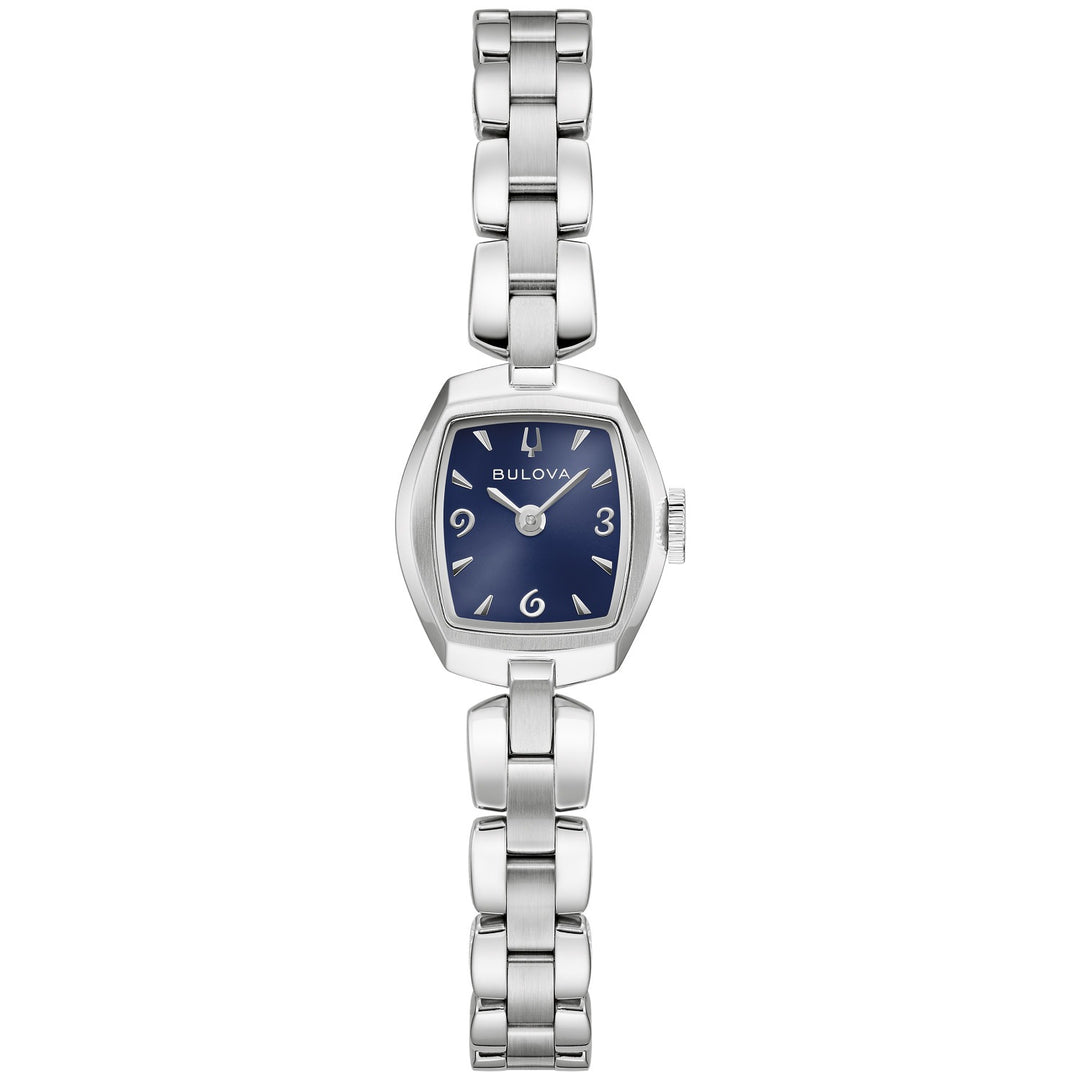 Bulova Goddess of Time Jackie women's watch with a blue sunray dial and silver-tone bracelet, front view (96L361)