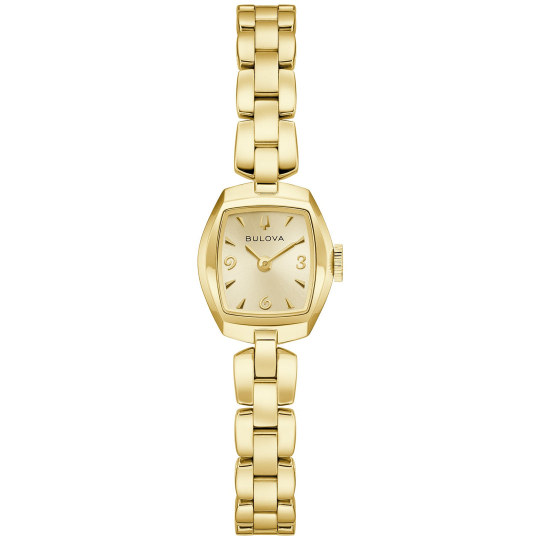 Bulova Goddess of Time Jackie women's watch with a champagne sunray dial and gold-tone bracelet, front view (97L201)