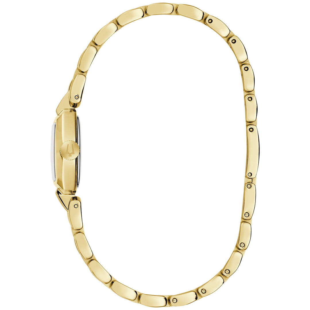 Side profile of the Bulova Goddess of Time Jackie women's watch showing the case and gold-tone bracelet (97L201)