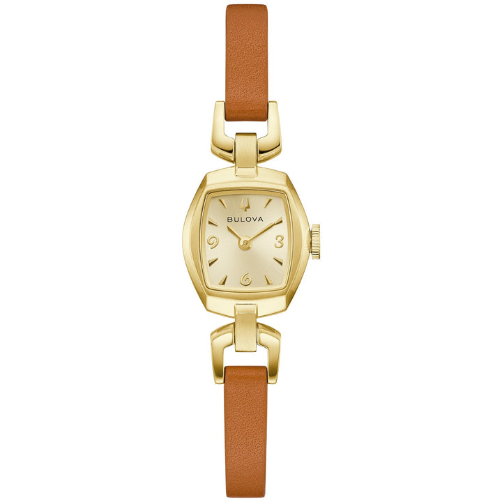 Bulova Goddess of Time Jackie women's watch with a champagne sunray dial and brown leather strap, front view (97L202)