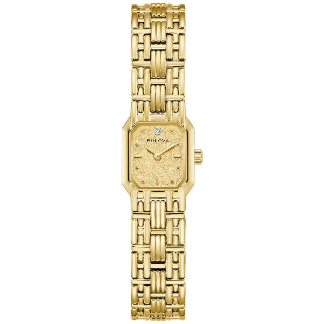 Bulova Goddess of Time Sophia women's watch with a champagne denchu dial and gold-tone bracelet, front view (97P184)