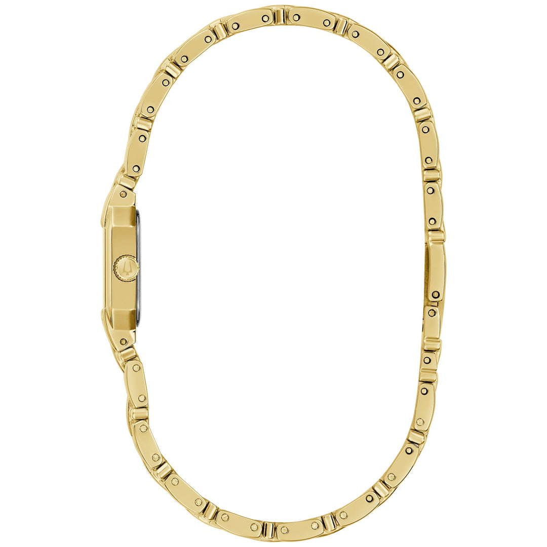 Side profile of the Bulova Goddess of Time Sophia women's watch showing the case and gold-tone bracelet (97P184)
