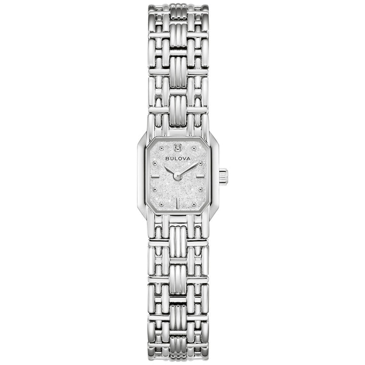 Bulova Goddess of Time Sophia women's watch with a silver-white denchu dial and silver-tone bracelet, front view (96P263)