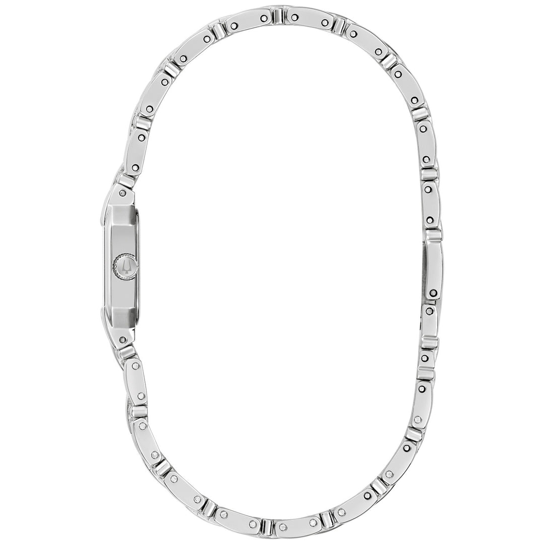 Side profile of the Bulova Goddess of Time Sophia women's watch showing the case and silver-tone bracelet (96P263)
