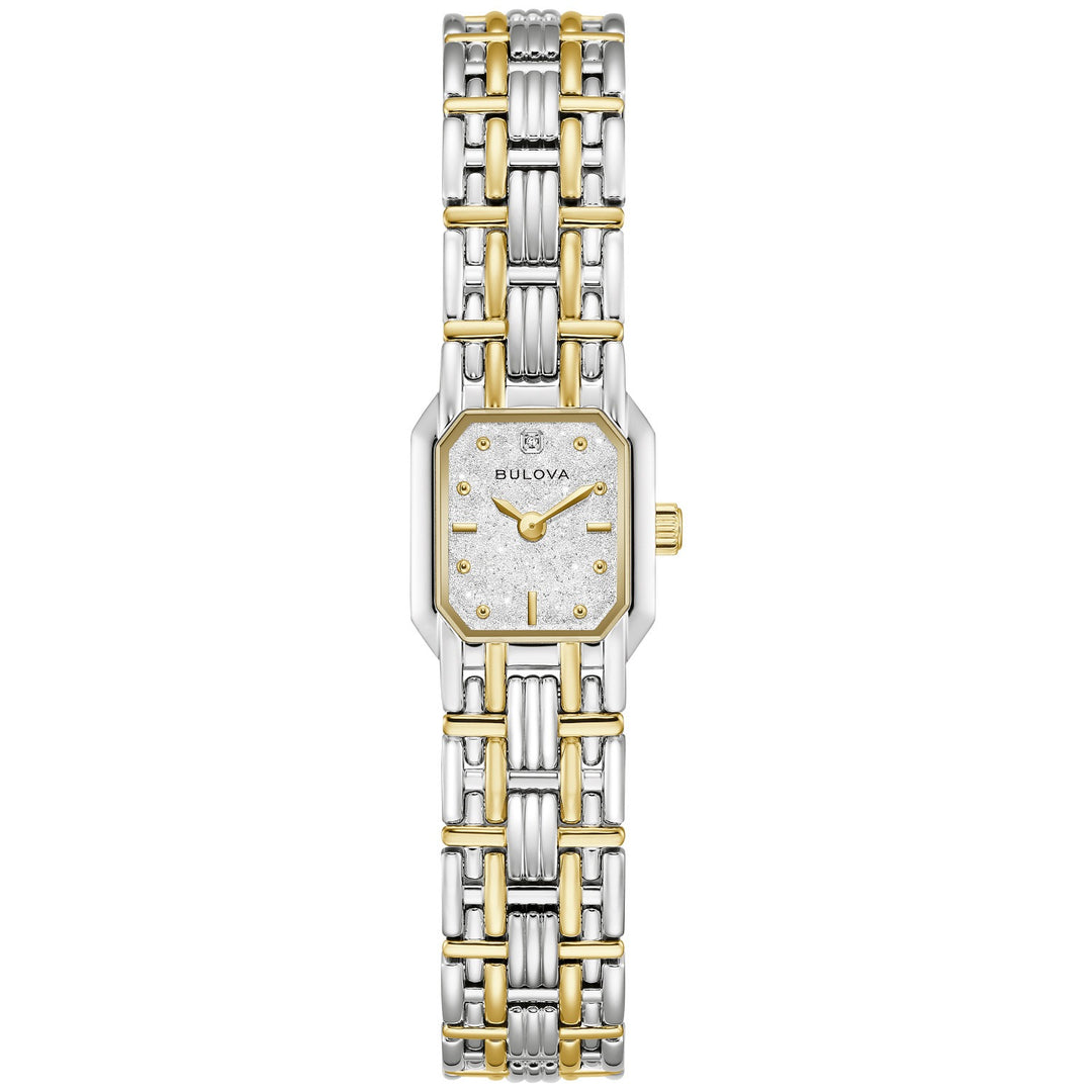 Bulova Goddess of Time Sophia women's watch with a silver-white denchu dial and two-tone bracelet, front view (98P237)
