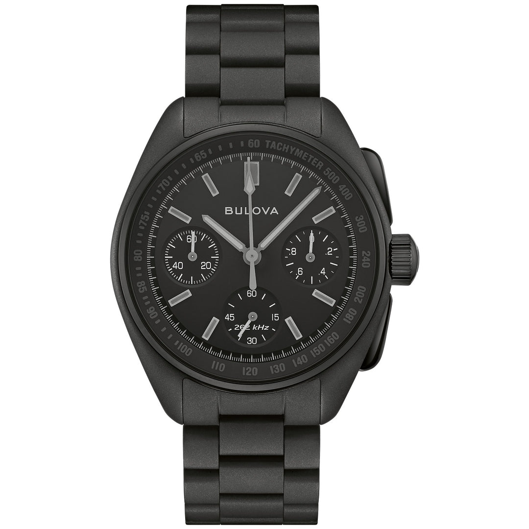 Bulova Lunar Pilot Black Hole men's watch with a black musou paint dial and black bracelet, front view (98A335)