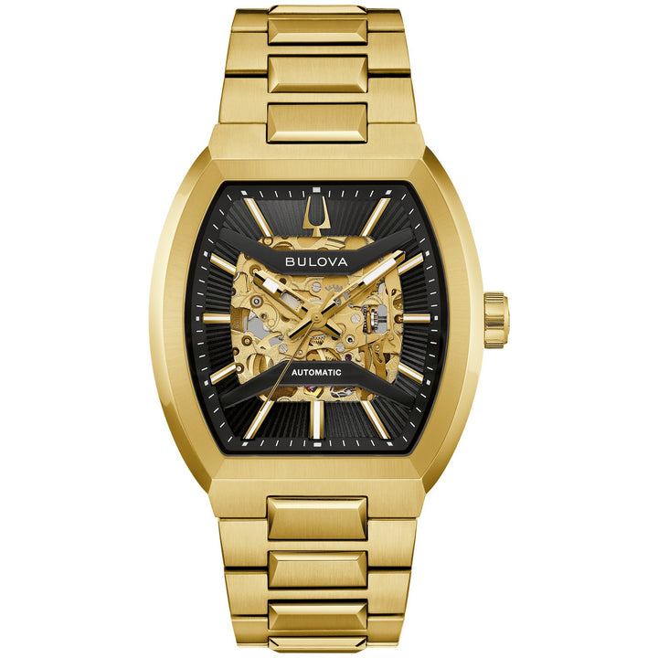 Bulova Maquina men's watch with a black skeleton dial and gold-tone bracelet, front view (97A207)