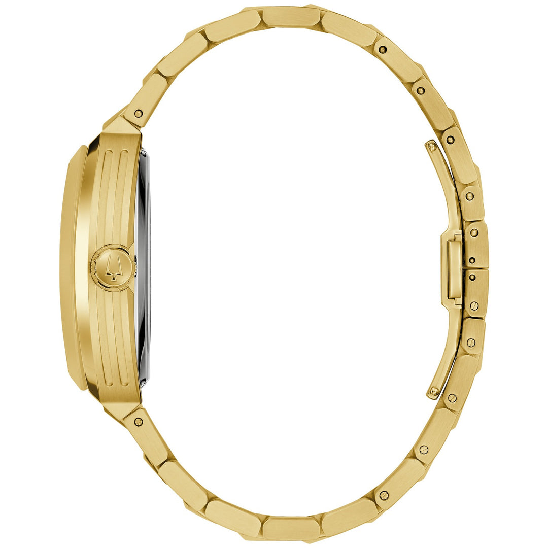 Side profile of the Bulova Maquina men's watch showing the case and gold-tone bracelet (97A207)