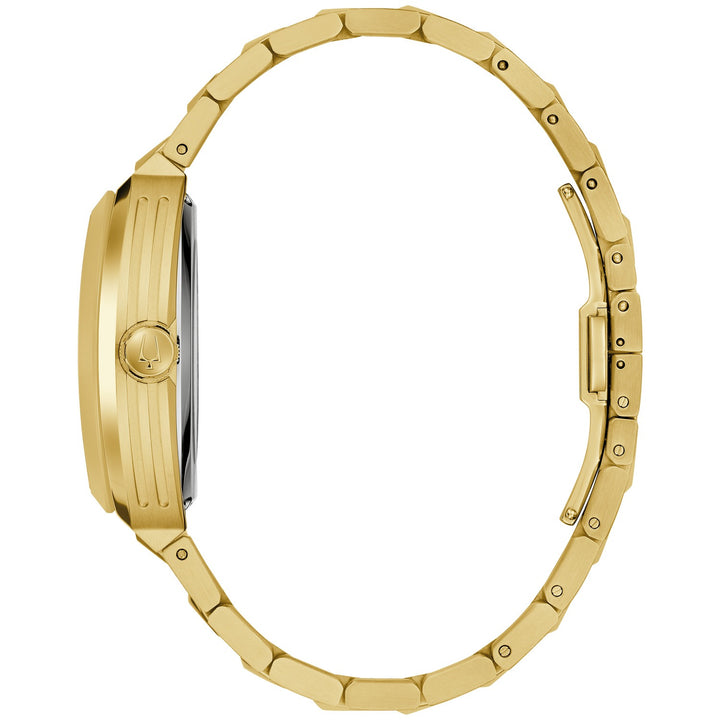 Side profile of the Bulova Maquina men's watch showing the case and gold-tone bracelet (97A207)