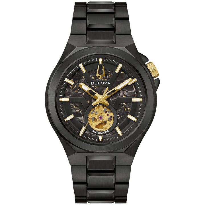 Bulova Maquina men's watch with a forged carbon and gold foil dial and black bracelet, front view (98A340)