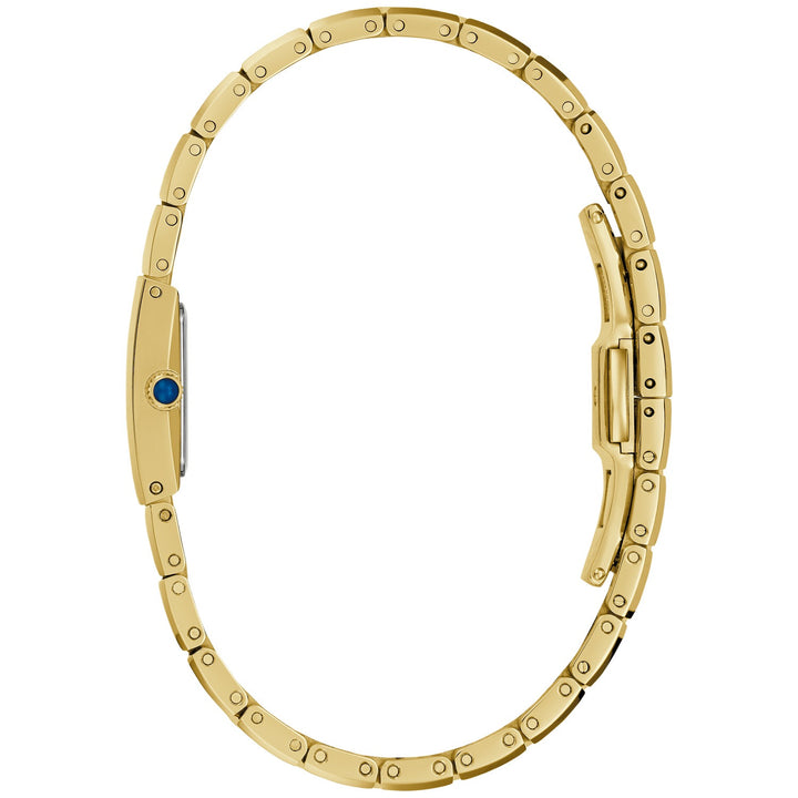 Side profile of the Bulova Marc Anthony Harmony women's watch showing the case and gold-tone bracelet (97L200)