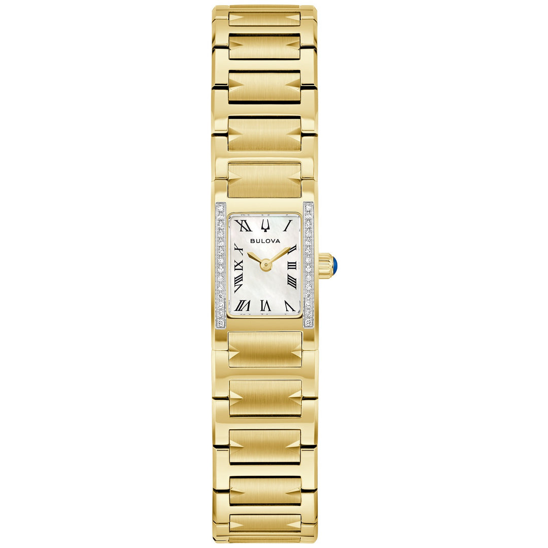 Bulova Marc Anthony Harmony women's watch with a mother-of-pearl dial and gold-tone bracelet, front view (98R301)