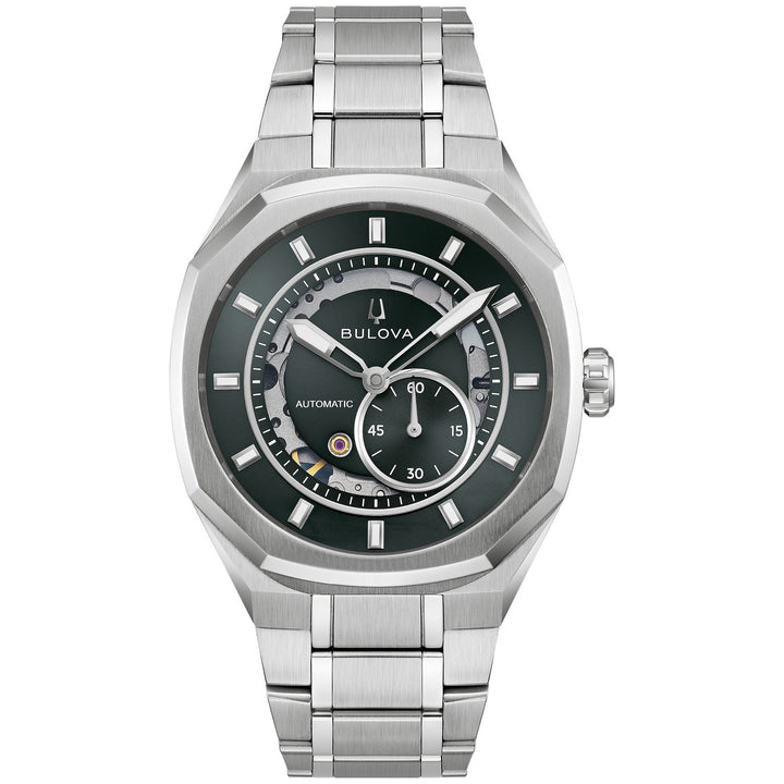 Bulova Marc Anthony Surveyor men's watch with a grey-green sunray dial and silver-tone bracelet, front view (96A346)