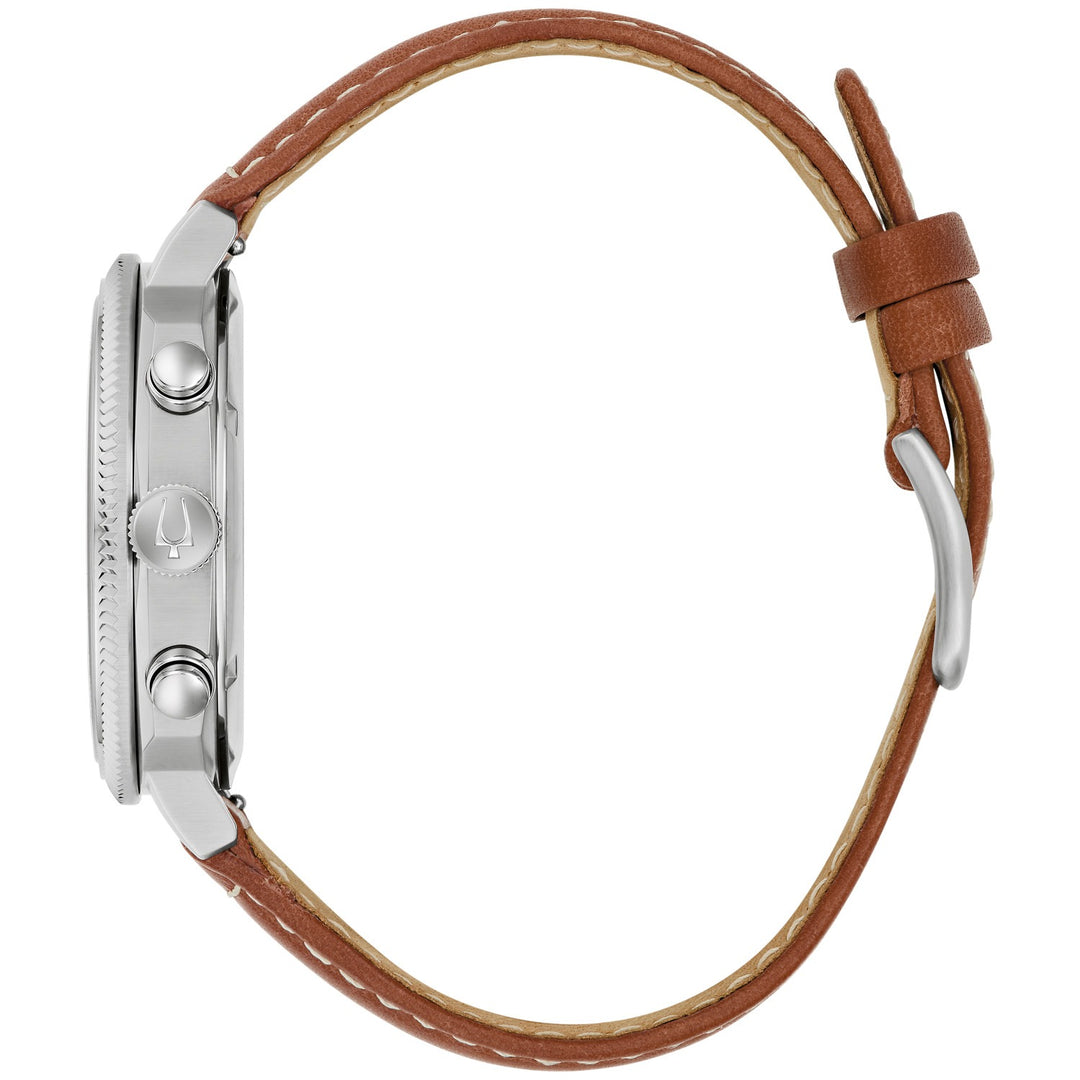 Side profile of the Bulova Military VWI Chrono men's watch showing the case and brown leather strap (96B482)