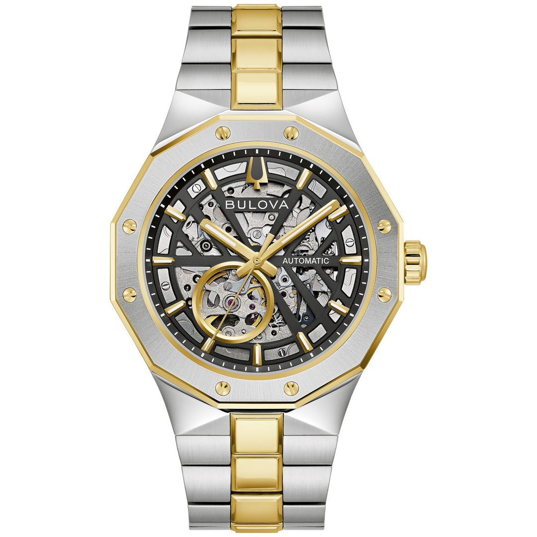 Bulova Prestige men's watch with a black open dial and two-tone bracelet, front view (98A339)