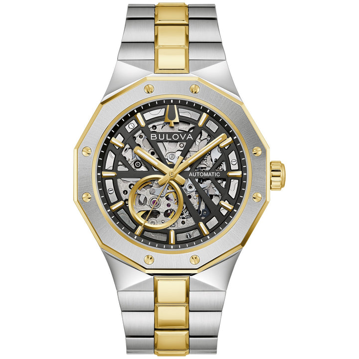 Bulova Prestige men's watch with a black open dial and two-tone bracelet, front view (98A339)
