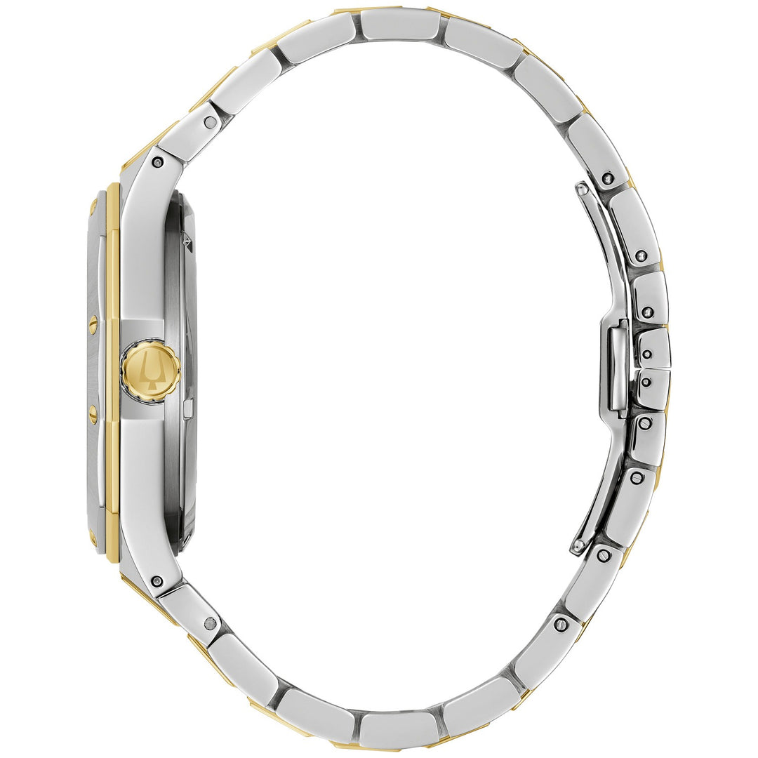 Side profile of the Bulova Prestige men's watch showing the case and two-tone bracelet (98A339)