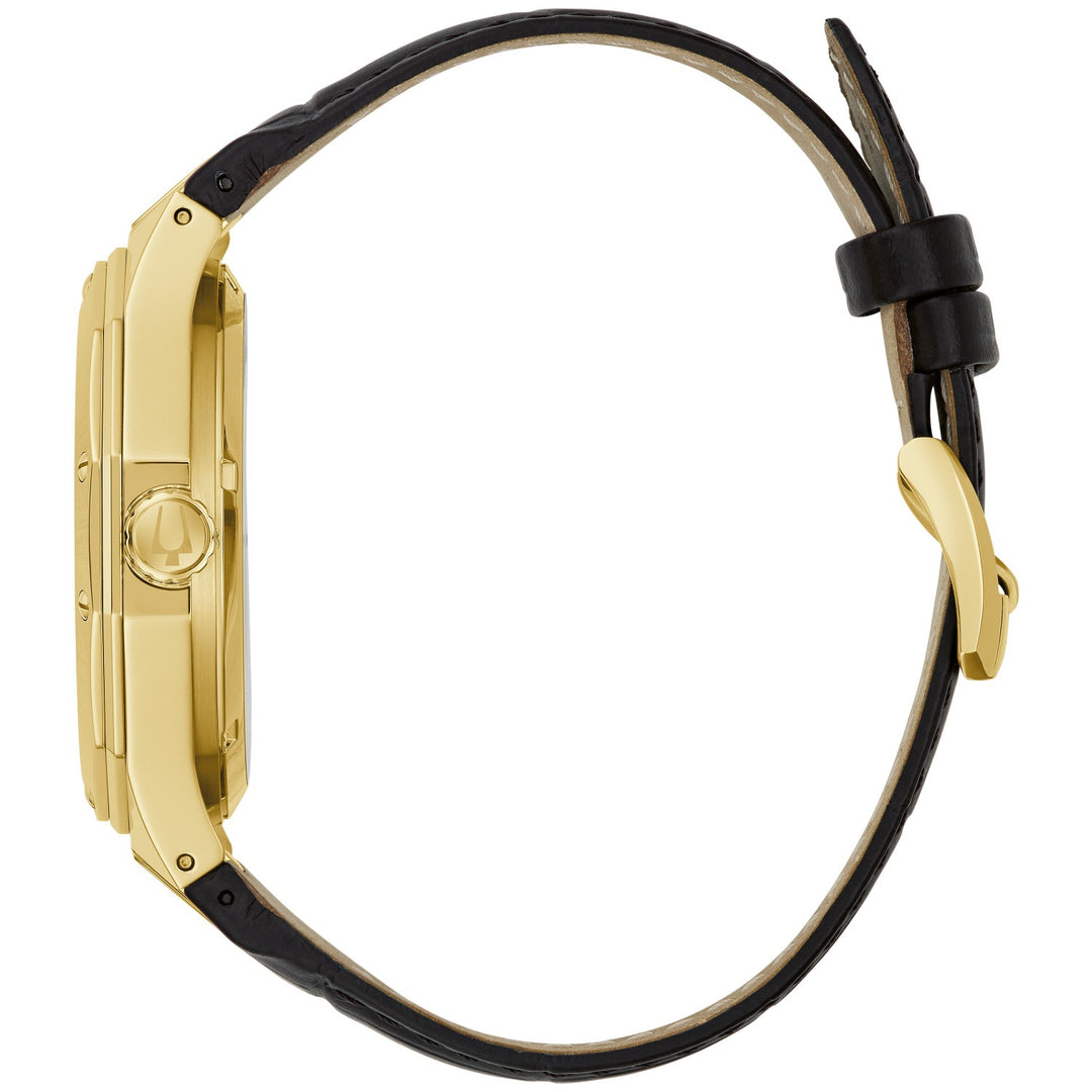 Side profile of the Bulova Prestige men's watch showing the case and black leather strap (97A206)