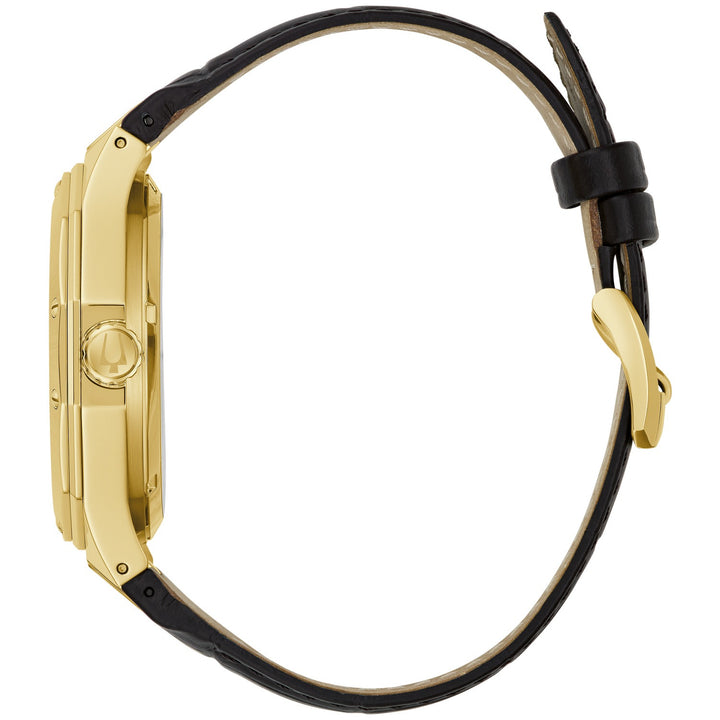 Side profile of the Bulova Prestige men's watch showing the case and black leather strap (97A206)