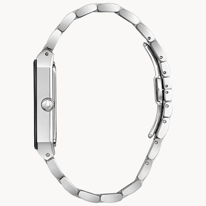 Bulova Quadra men's silver-tone stainless steel black dial dress watch 96D145 angle view