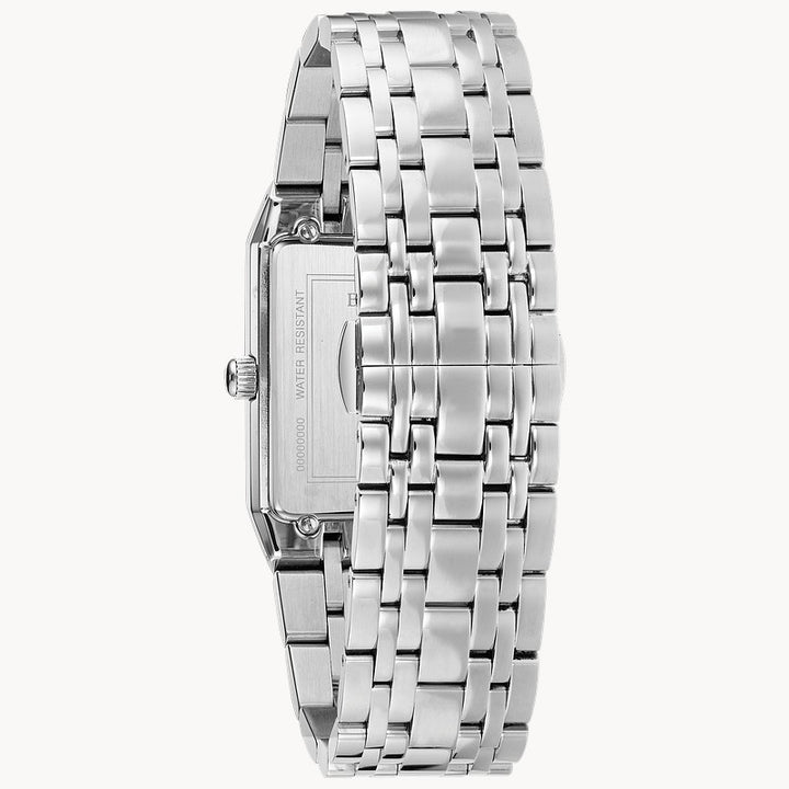 Bulova Quadra men's silver-tone stainless steel black dial dress watch 96D145 detail view