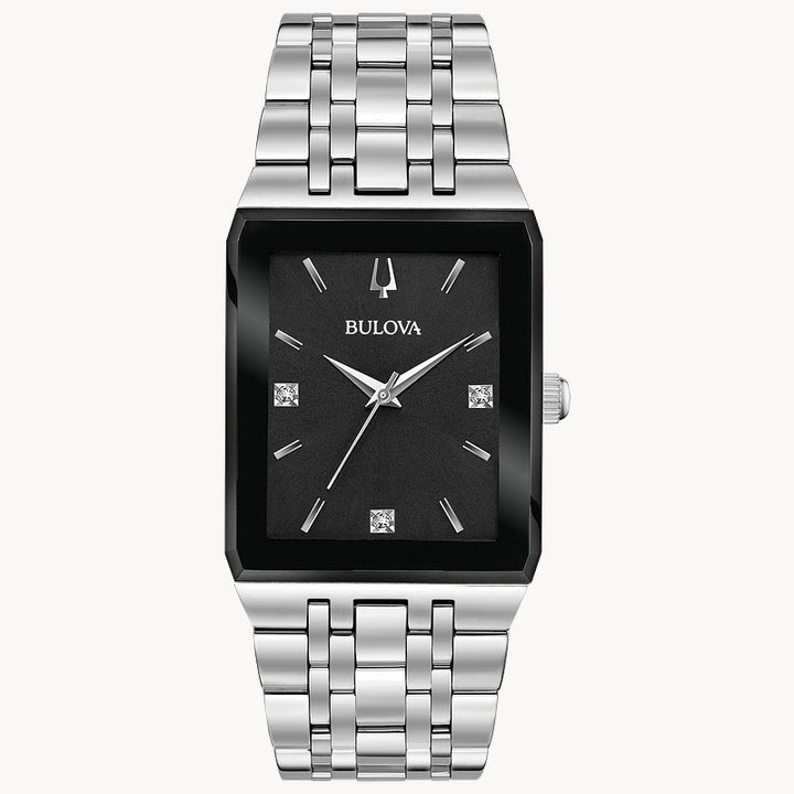 Bulova Quadra men's silver-tone stainless steel black dial dress watch 96D145 front view