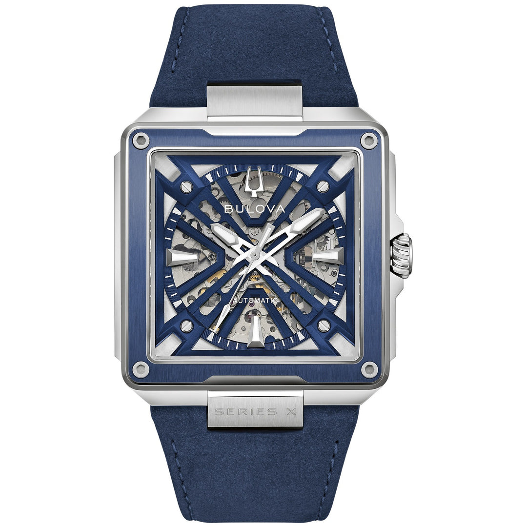 Bulova Series X men's watch with a blue skeleton dial and suede leather strap, front view (98A342)