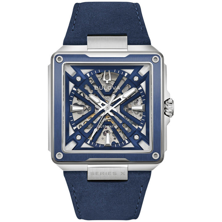 Bulova Series X men's watch with a blue skeleton dial and suede leather strap, front view (98A342)