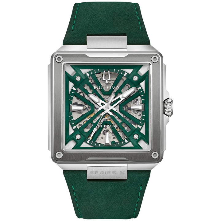 Bulova Series X men's watch with a green skeleton dial and suede leather strap, front view (98A343)