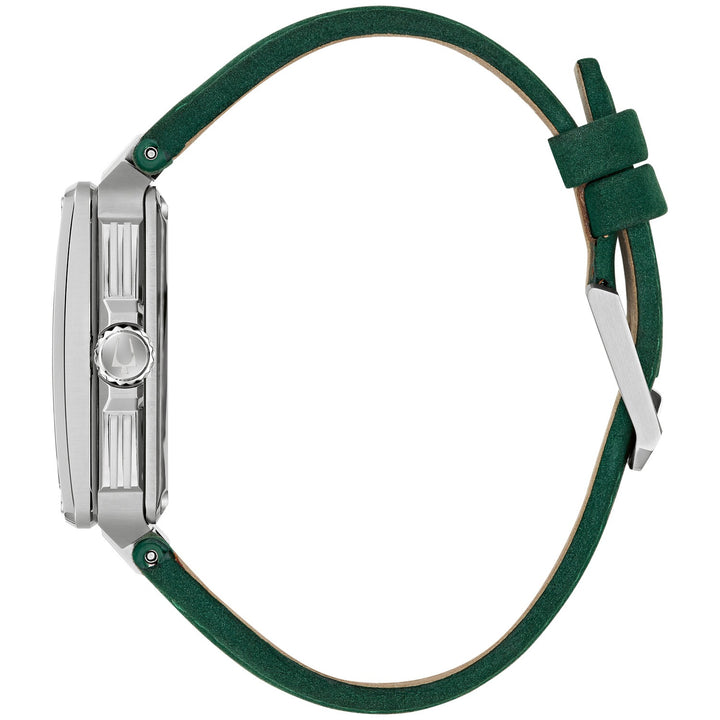 Side profile of the Bulova Series X men's watch showing the case and suede leather strap (98A343)