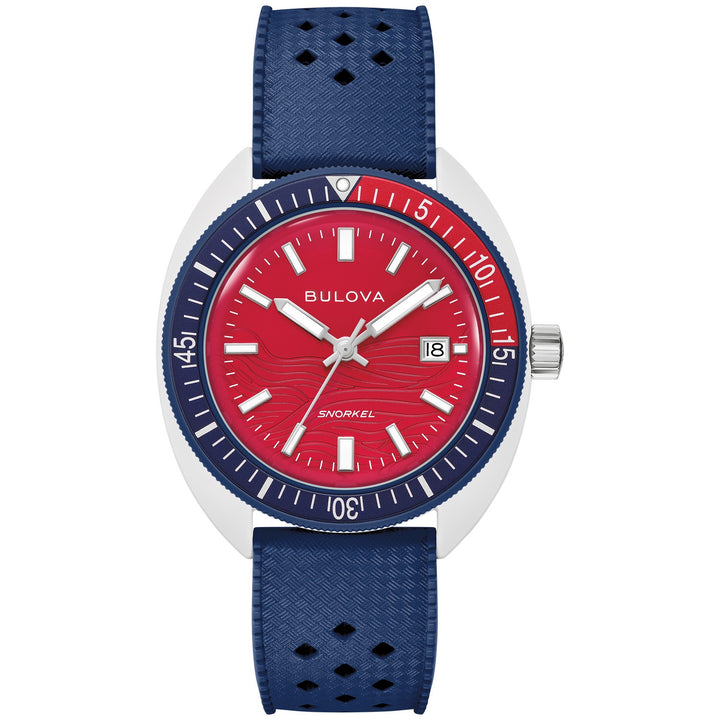Bulova Snorkel Sail 4th men's watch with a red wave-pattern dial and blue rubber strap, front view (98B474)