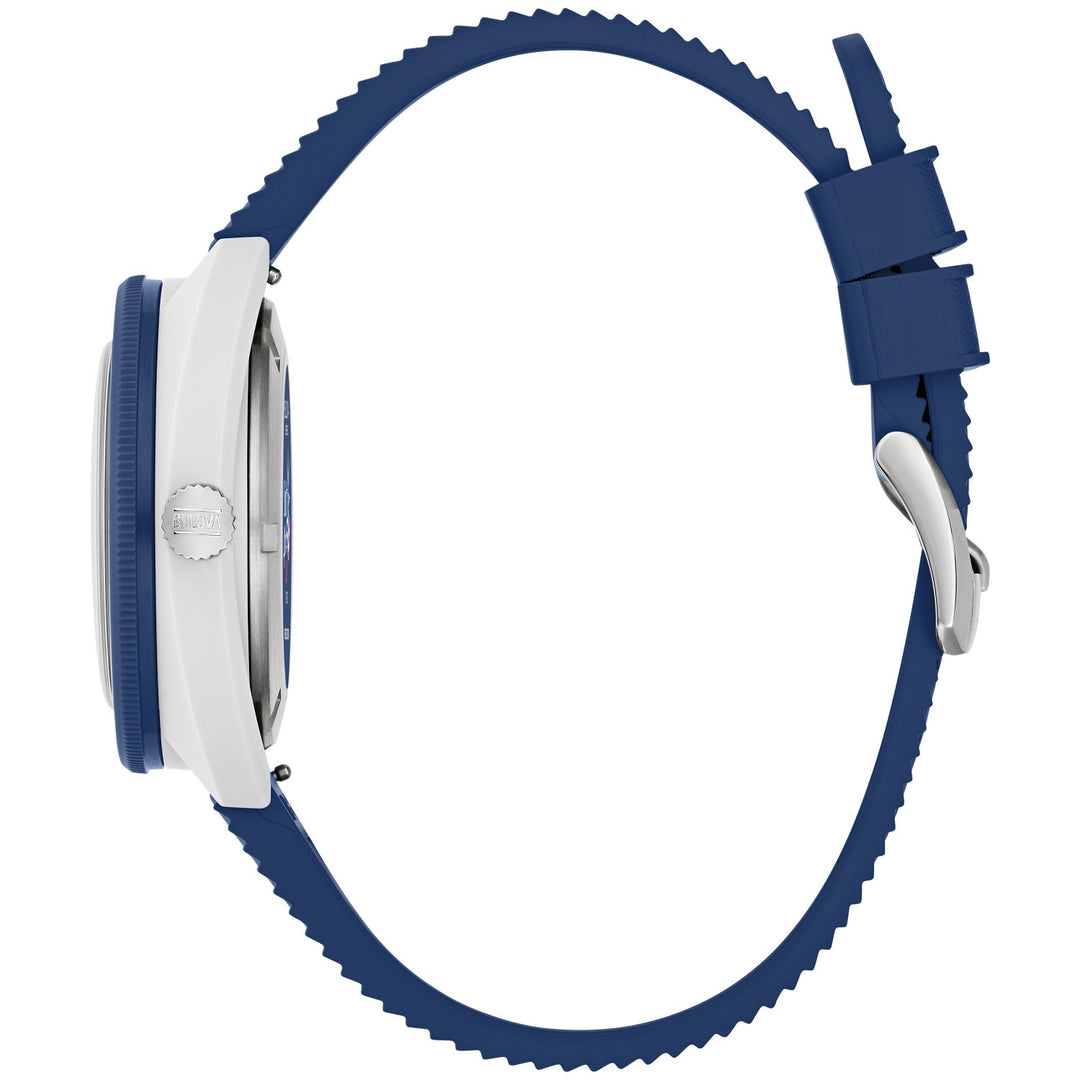 Side profile of the Bulova Snorkel Sail 4th men's watch showing the case and blue rubber strap (98B474)