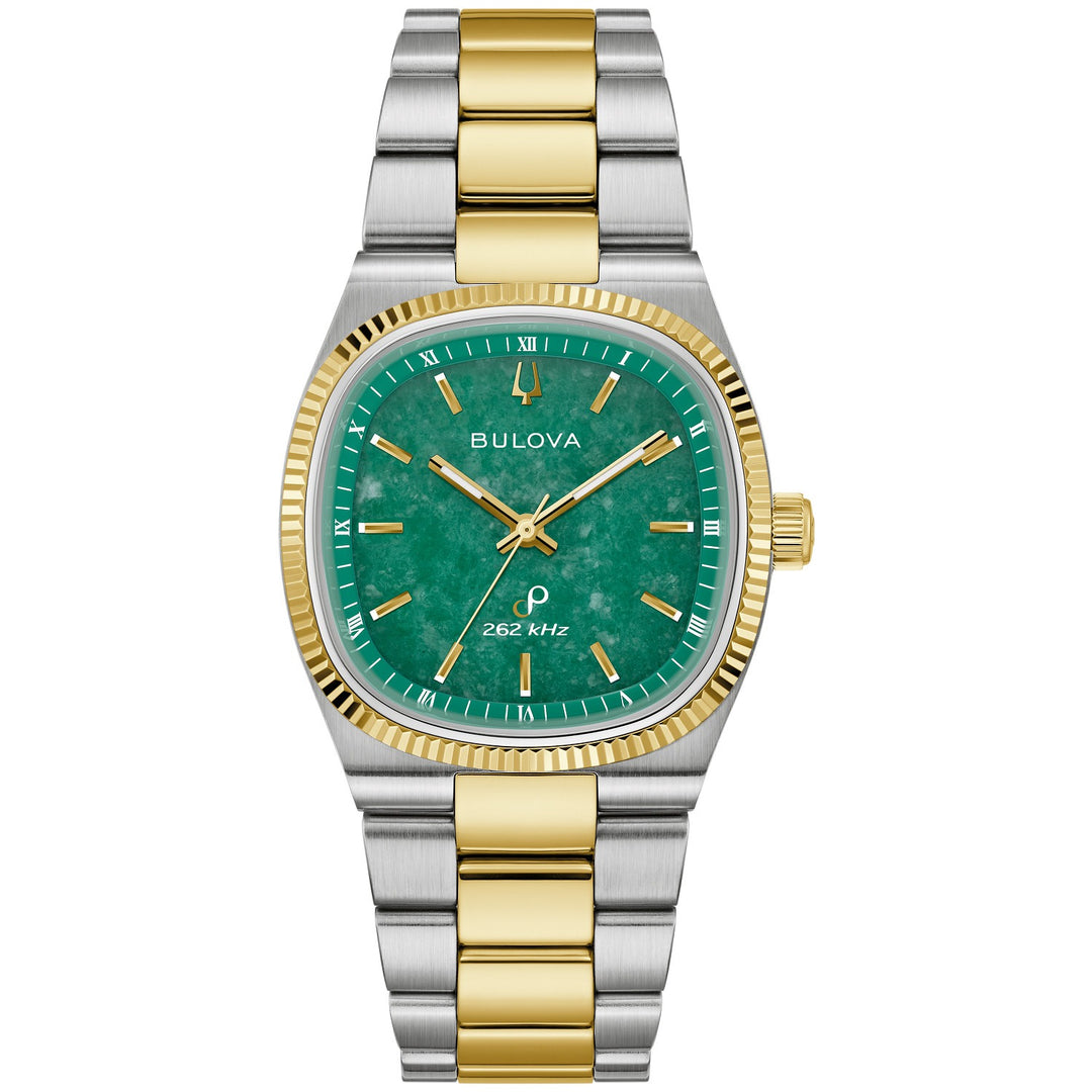 Bulova Super Seville Jade men's watch with a green jade stone dial and two-tone bracelet, front view (98A336)