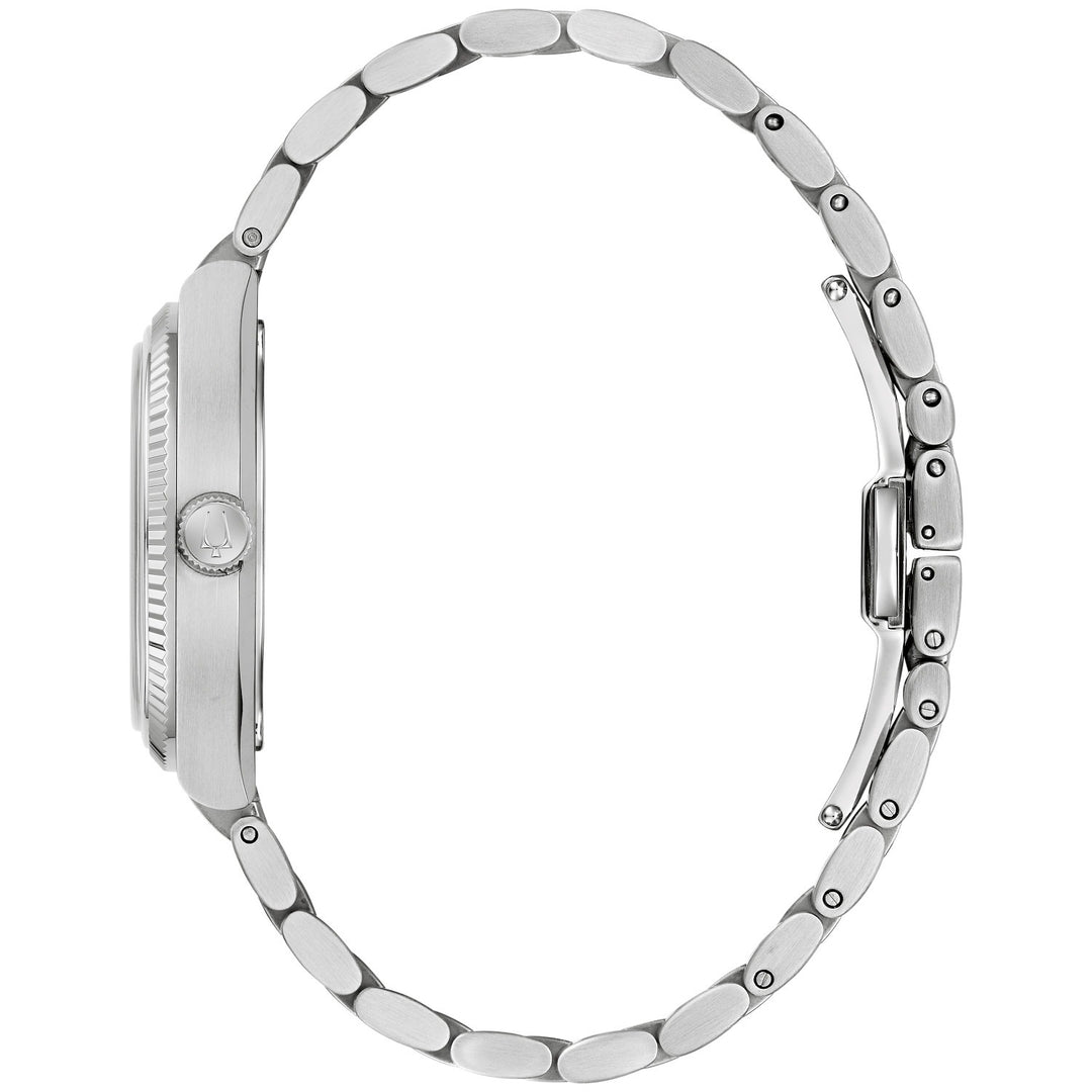 Side profile of the Bulova Super Seville Magnesite men's watch showing the case and silver-tone bracelet (96A344)